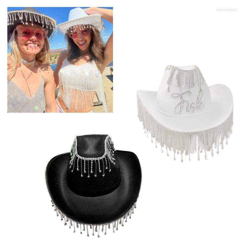

Berets Cowgirl Hat Rhinestones Tassel Shiny Rave Disco Hats For Halloween Dress Up Cosplays Party Costume Accessories, White