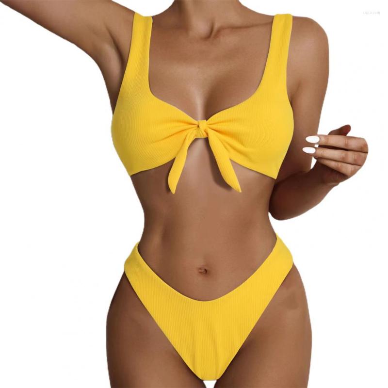 

Women' Swimwear Sexy Bikini Bathing Suit Wide Shoulder Straps Front Knot Triangle Bra High Waist Swimsuit, Yellow