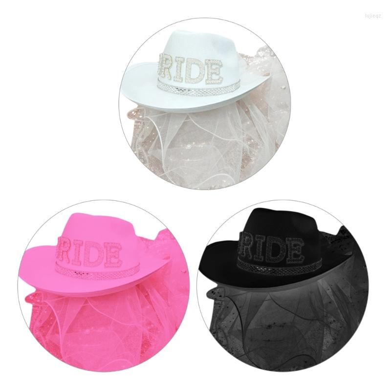 

Berets Bride Cowgirl Hat Bachelorette Party Cowboy With Veil Bridal, Pink veil