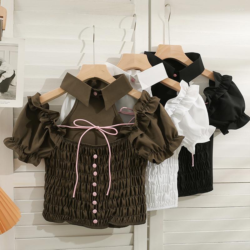 

Women's Blouses French Chic Butterfly For Women Casual Hault Polo Collar Puff Short Sleeve Fashion Pleated Femme Crop Shirts Tops Blusas, Black