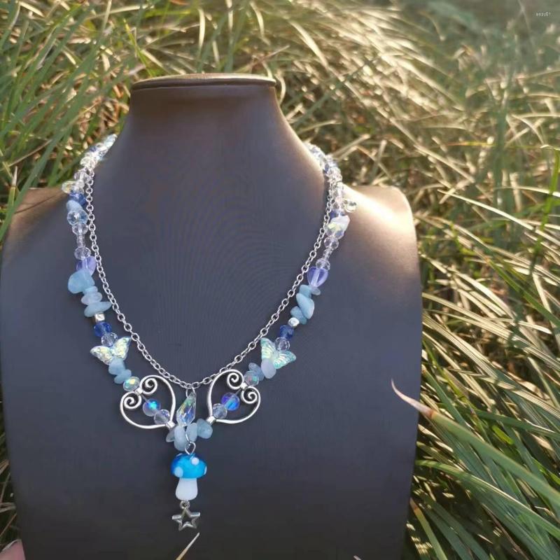 

Pendant Necklaces Blue Mushroom Jewelry Necklace Crystal Choker Core Grunge Charm Aesthetic Fashion Jewelery