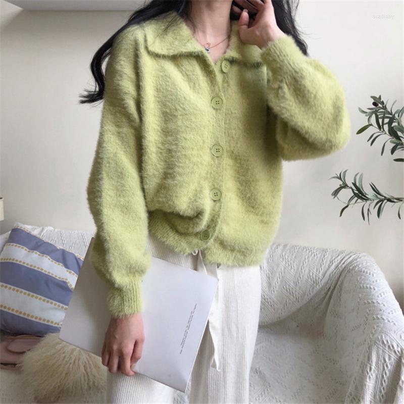 

Women's Knits Mink Cashmere Sweater Women Turn Down Collar Long Sleeve Loose Knitted Cardigan Autumn Coat Hairy Single Breasted X460, Green