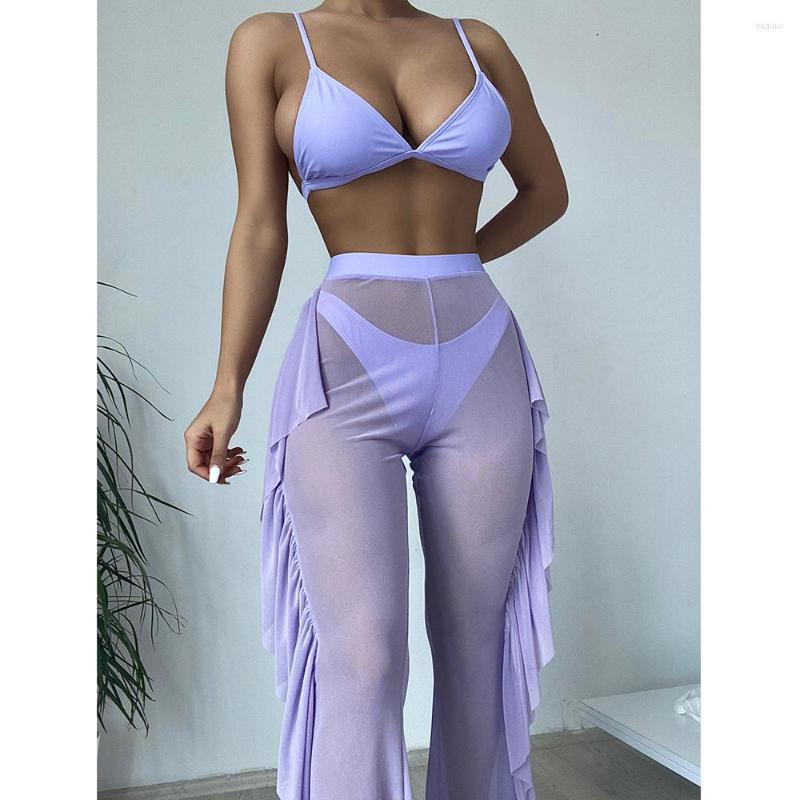 

Women' Swimwear 2023 Sexy Three Pieces Bikini Set With Ruffle Beach Pants Women Swimsuit Female Solid Bathing Suit Beachwear, Coffee 207