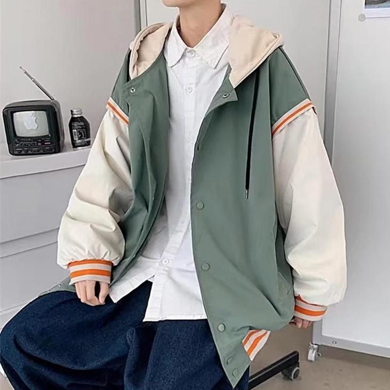 

Men's Jackets Trendy Casual Jacket Pockets Elastic Hem Men Splicing Color Hooded Coat, Green