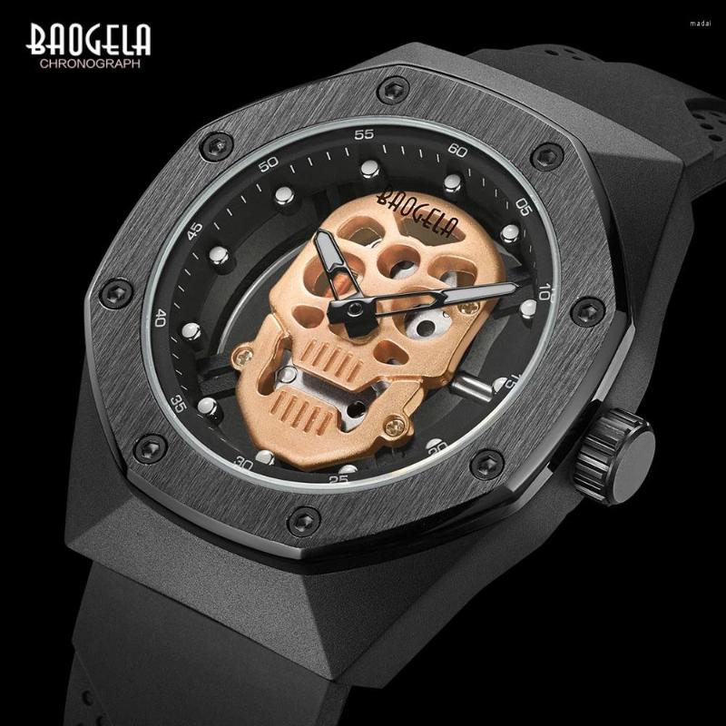 

Wristwatches BAOGELA Skeleton Watches Men Hollowing Out Waterproof Wristwatch Skull Dial Military Sports Watch Man Relogios Masculino 1902, 1902silver black