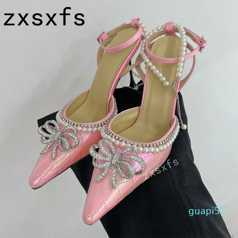 

Sandals 2023 Summer High Quality Leather Pearl Thin Heels Women Pointed Toe Buckle Strap Pumps Brand Sexy Party Shoes, Black