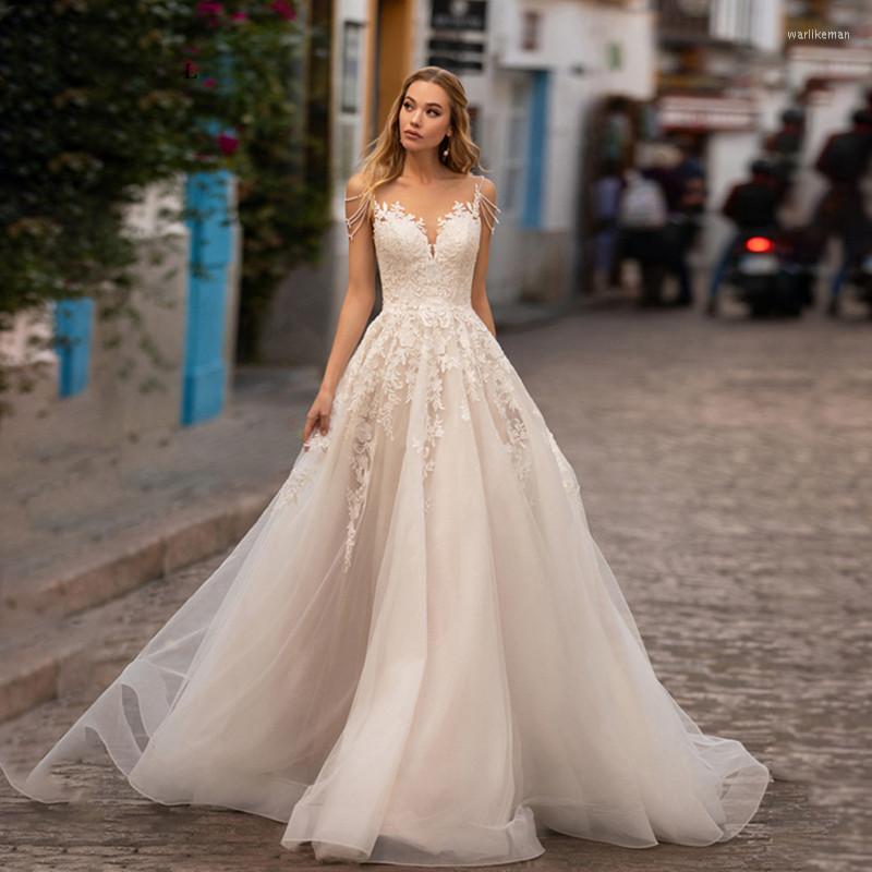 

Party Dresses Deep V-Neck Bride Dress Spaghetti Strap Appliques Backless Zipper Wedding 2023 Tulle Sweep Train Vestido De Novia, Green