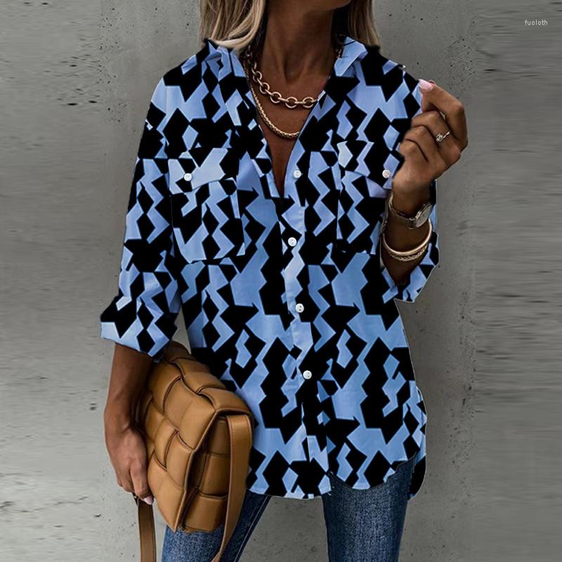 

Women' Blouses Elegant Pattern Print Pocket Loose Blouse Spring Summer Casual Long Sleeve Office Shirts Women Fashion Lapel Collar Button, 01 print