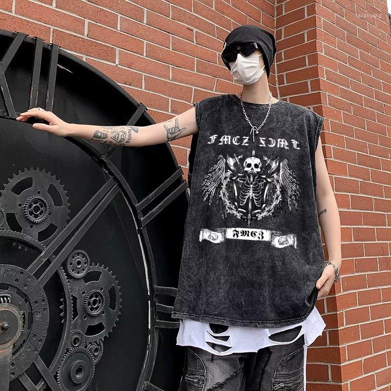 

Men's T Shirts Men's High Street Oversized Hip Hop Fashion Streetwear Loose Fit Y2K Sleeveless Tees Skull Printed Tshirt Tops, Black