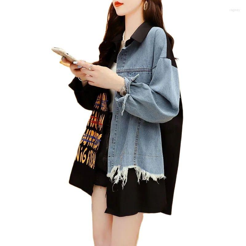 

Women's Blouses Spring Autumn Fashion Korean Version Temperament POLO Collar Splicing Denim Shirt Female Medium Long Printing Loose, White