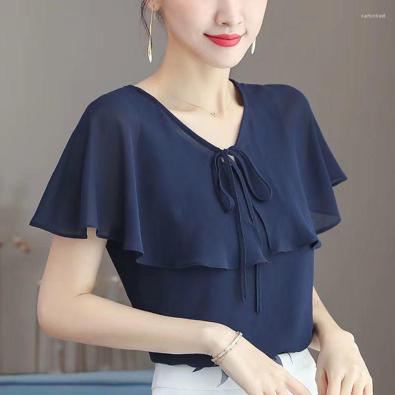 

Women's Blouses Elegant V-Neck Ruffles Lace Up Bow Oversized Chiffon Blouse 2023 Summer Casual Pullovers Loose Commute Women's Clothing, Black