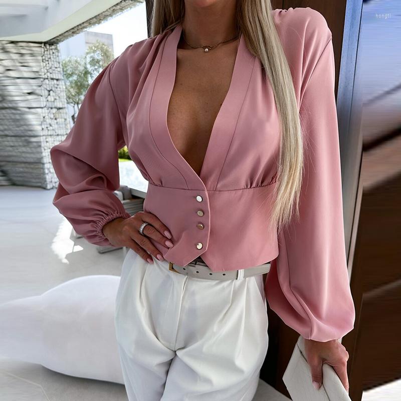 

Women's Blouses Sexy Deep V Lantern Sleeve Club Party Elegant Temperament Slim Fit Women Tops Spring Solid Button Waist Office Shirts, 01 black