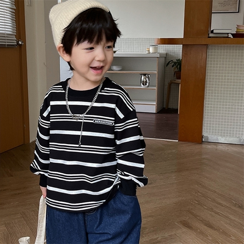 

T-shirts Spring Fashion Kids round neck striped T shirts Boys cotton loose long sleeve Tees 230414, Beige