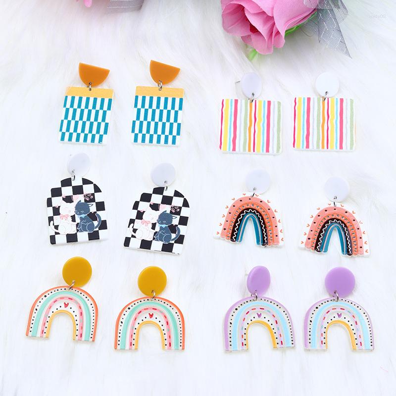 

Dangle Earrings VSnow Korean Color Block Rainbow Acrylic Relief Earings For Women Creative Geometric Contrasted Jewelry