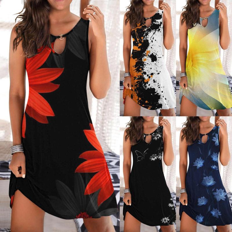 

Casual Dresses Dress Women Fashion Round Neck Hollow Ring Vintage Flower Butterfly Print Sleeveless Women's Midi, Black
