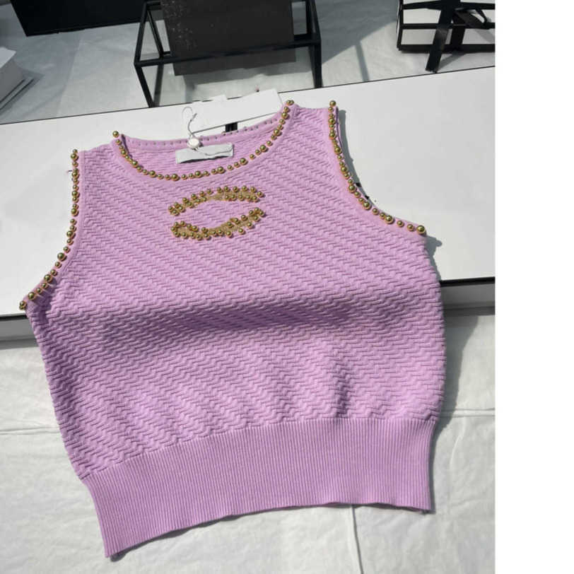 

23ss Halter vest tank sling womens designer clothing Knitted vest Solid color logo letters pearl slim vest High quality Women clothing a1