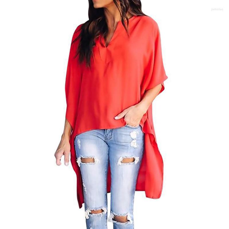 

Women' Polos Women Loose Solid Color V-neck High Low Hem Half Bat Sleeve Blouse Lady Casual Irregular Summer Top, Gray