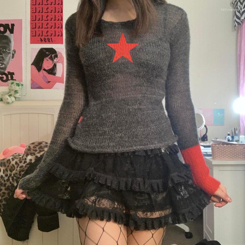 

Women's Sweaters Combhasaki Women Y2K Vintage Trendy Knit Tops Star Pattern O-Neck Patchwork Long Sleeve Knitwear For Females Jumper Loose, Green