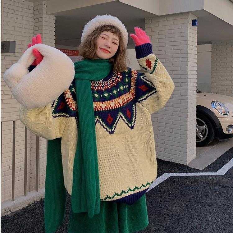 

Color Matching Pattern Christmas Sweater Womens Winter Retro Loose Thick Mid, Picture color