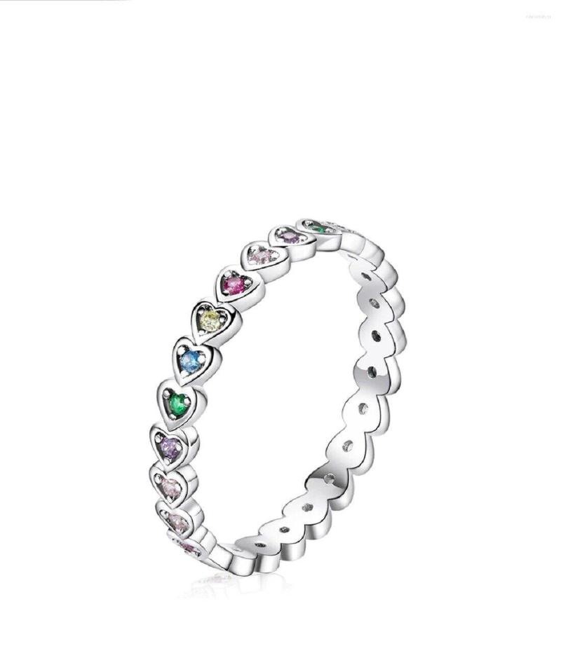 

Cluster Rings Beautiful Mult-color Crystal Pave Real 925 Sterling Silver Heart Ring Rainbow Valentines Birthday Gift