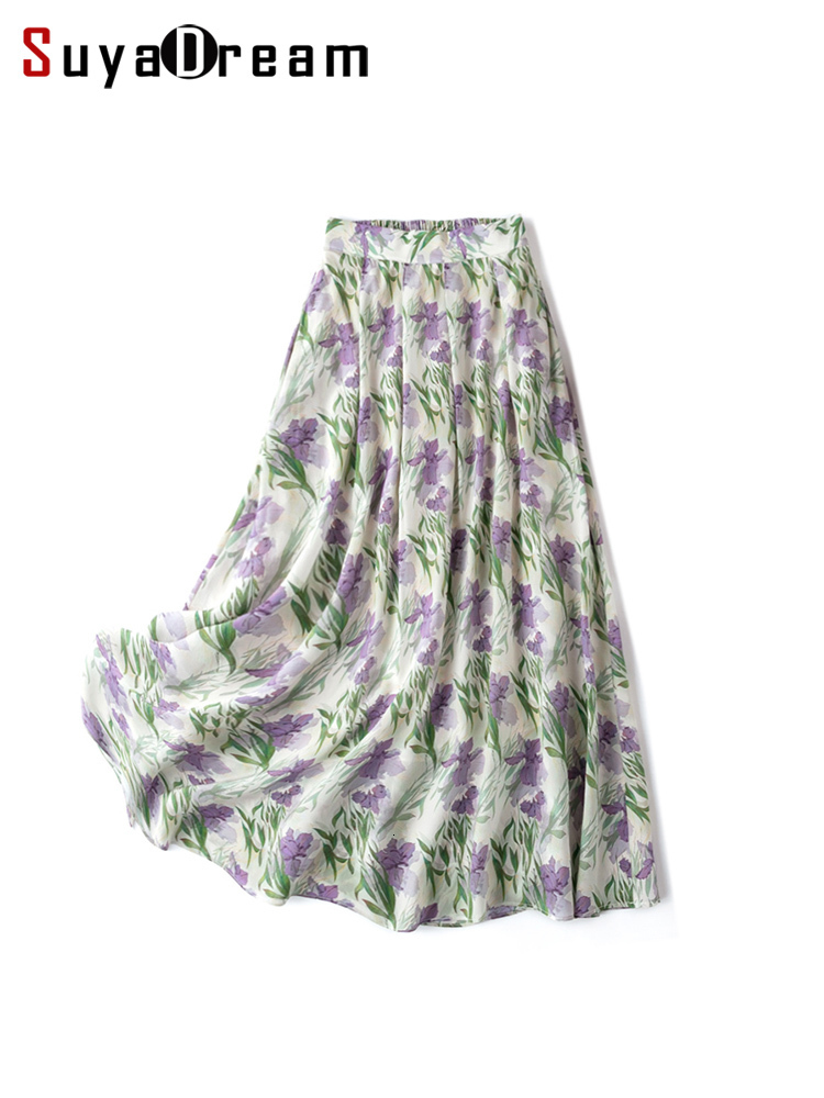 

Skirts SuyaDream Long Pleated Skirt for Woman 100%Real Silk Floral Printed Elastic Waist Chiffon Skirts Spring Summer Bottoms 230414, Lavender