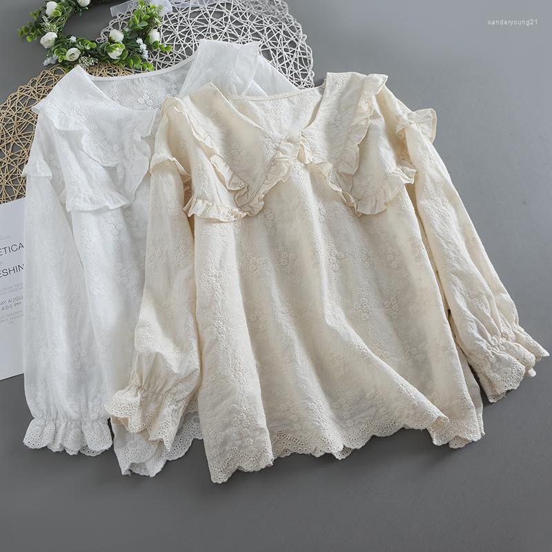 

Women's Blouses Solid Color Embroidery Top Long Sleeved Casual Women 822-55, Beige