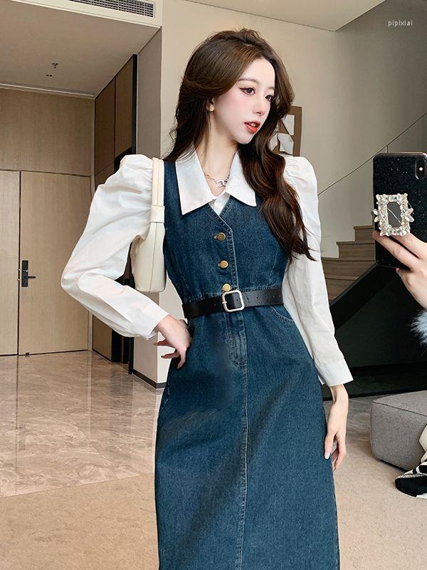 

Work Dresses High Quality Office Two Piece Set Women Summer White Long Puff Sleeve Shirt Denim Vest Dress Korean Fashion Sweet Suits, Picture color