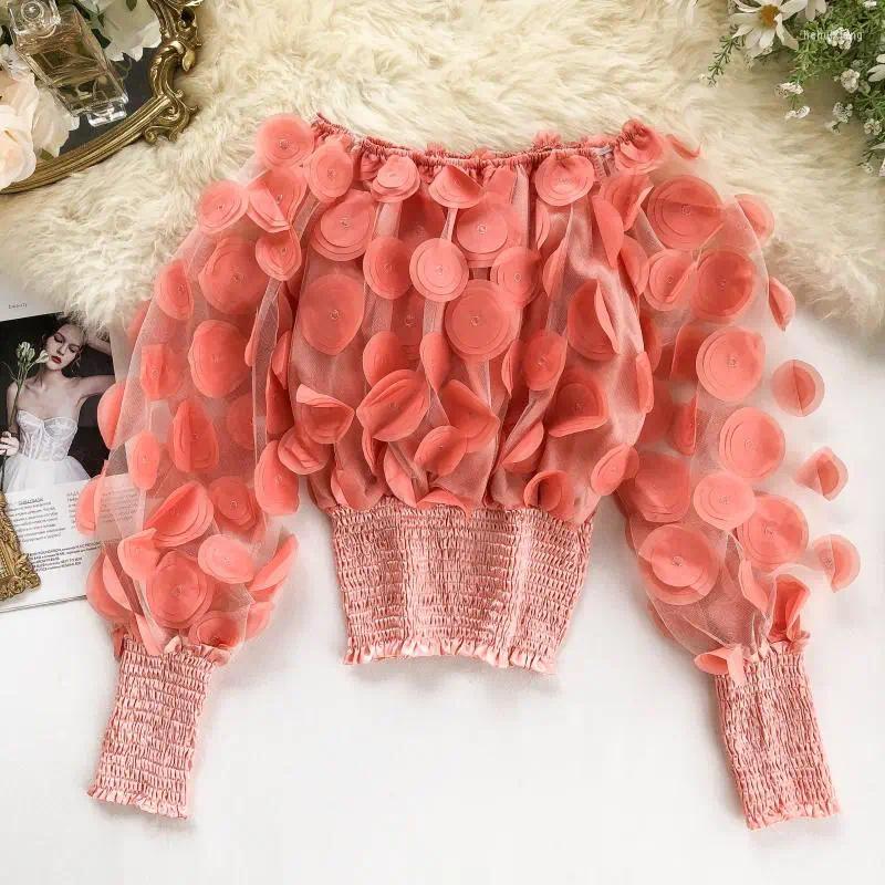 

Women's Blouses 2023 Flower Decoration Pink Blouse Shirt Women Elegant Off Shoulder Top Transparent Ladies Puff Sleeve Crop
