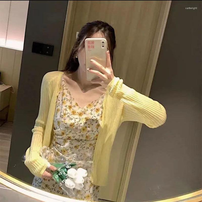 

Casual Dresses Summer Sweet Floral Slip Dress Women Yellow Daisy Printed Sleeveless Cottagecore Korean Fashion Cute Kawaii Sling Clothing, Yellow cardigan