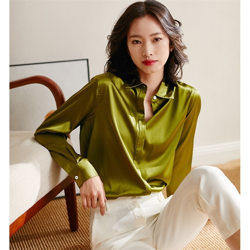 

Women's Blouses Shirts liver green silk satin face office blouse womens shirts and blouses elegant sexy boho long sleeve plus size slim 230414