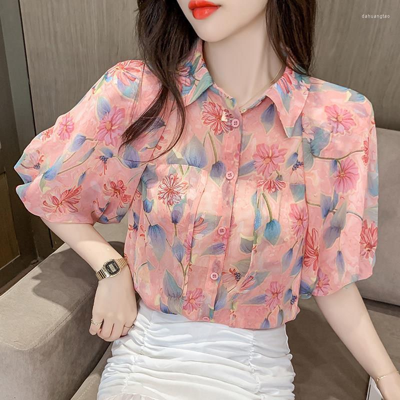 

Women' Blouses Chiffon Short Blouse Women Shirt 2023 Summer Elegant Turn-down Collar Ladies Top Office Lady Swomens Tops And Shirts A60, Pink