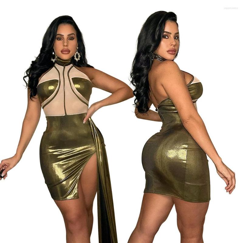 

Casual Dresses 2023 High Neck Halter Sleeveless Cold-Shoulder Fashion Slim Fit Asymmetric Skirt Sexy See-through Split Stitching Dress, Gold