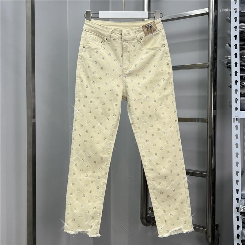 

Women's Jeans Sparkling Letters A Drilling Women Summer Thin Trousers 2023 All-match High Waist Straight Pants Stretch Casual, Apricot