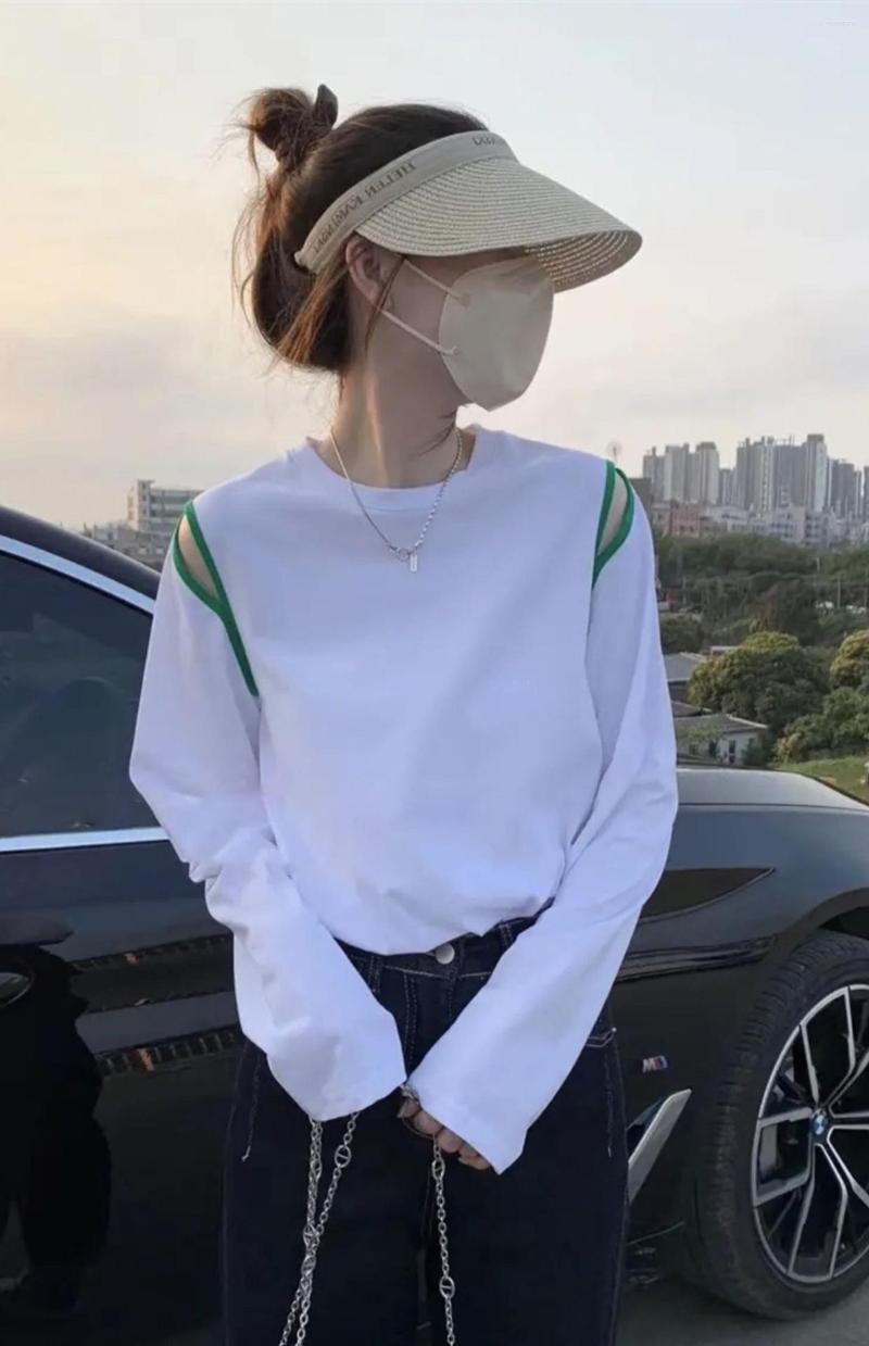 

Women' T Shirts Tshirt Strapless Split Hem Contrast Color Pure Cotton Comfort Tops Women Tees 2023 Spring Long Sleeve O Neck Loose, White