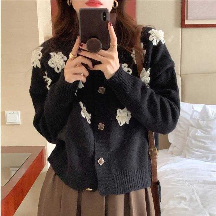 

French Retro Three Dimensional Flower Sweater Cardigan Coat Womens Autumn And, Black