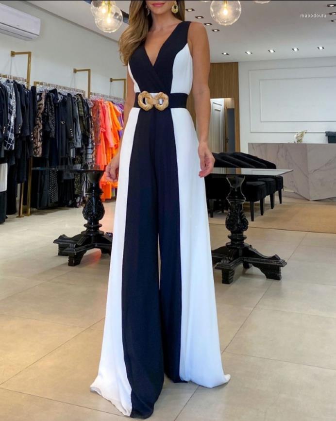 

Casual Dresses Colorblock Sleeveless Wide Leg Jumpsuit Without Belt