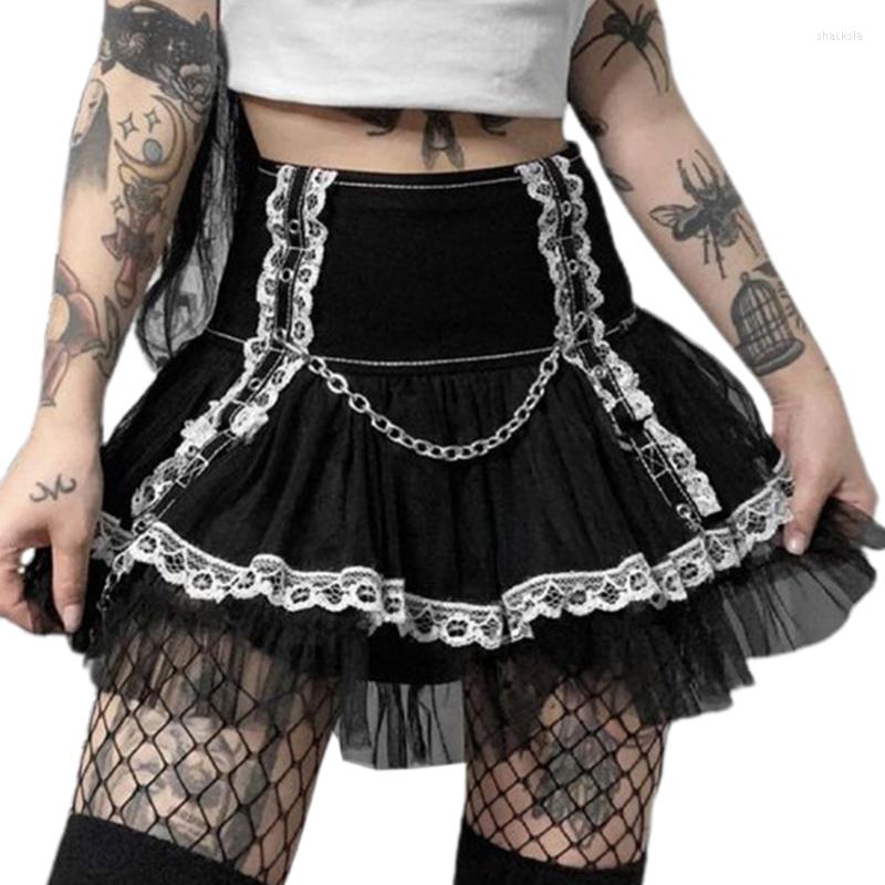 

Skirts Women Goth Punk High Waist Lace Patchwork Pleated A-Line Mini Skirt With Chain Harajuku Double Layer Mesh Flared Ruffles Lolita, Black