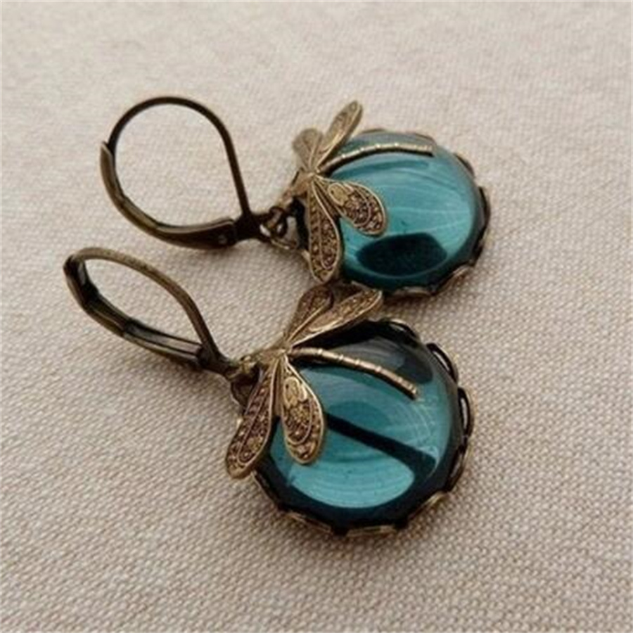 

European and American Vintage Bronze Dragonfly Charm Fashion Metal Carved Pattern Inlaid Moonstone Pendant Earrings for Women's Jewelry AE670