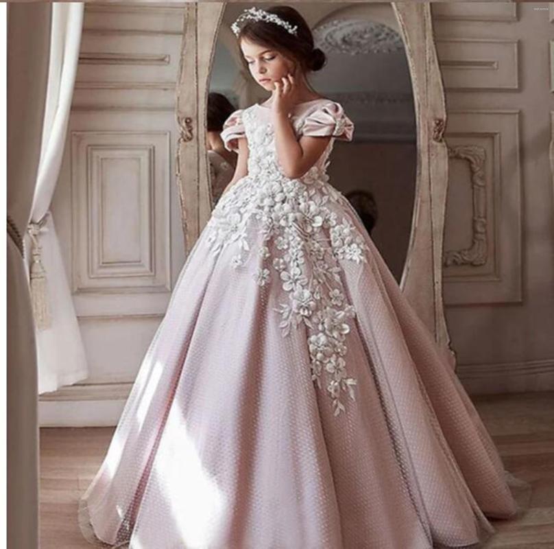 

Girl Dresses Flower Lace Kids First Communion Nude Crystal Pearls Belt Wedding Party Dress Year, All ivory