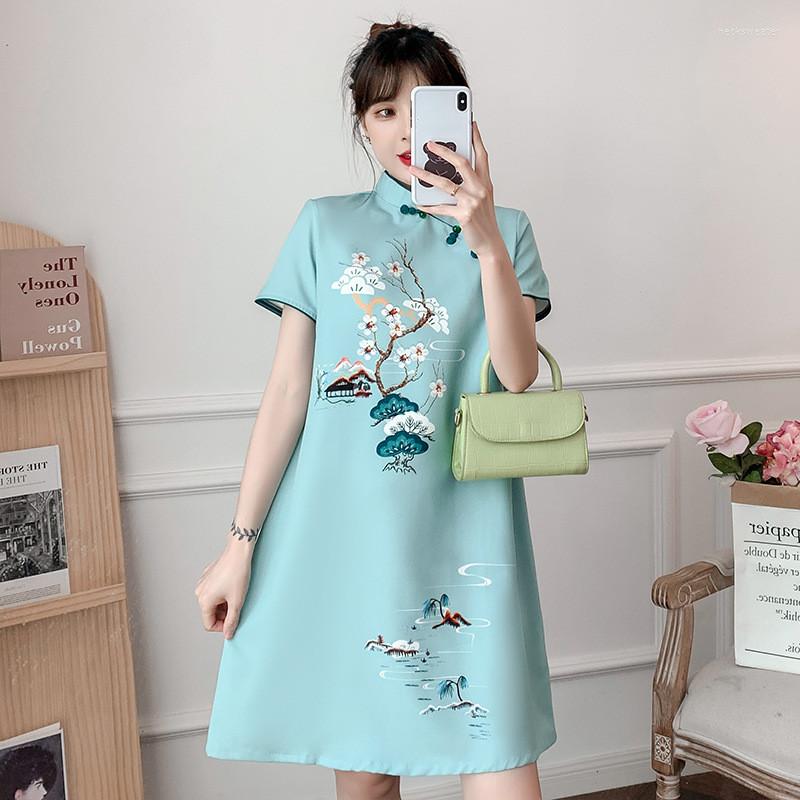 

Ethnic Clothing FZSLCYIYI Lake Blue Loose Fashion Modern Cheongsam Dress Women Short Sleeve Qipao Traditional Chinese Style Clothes
