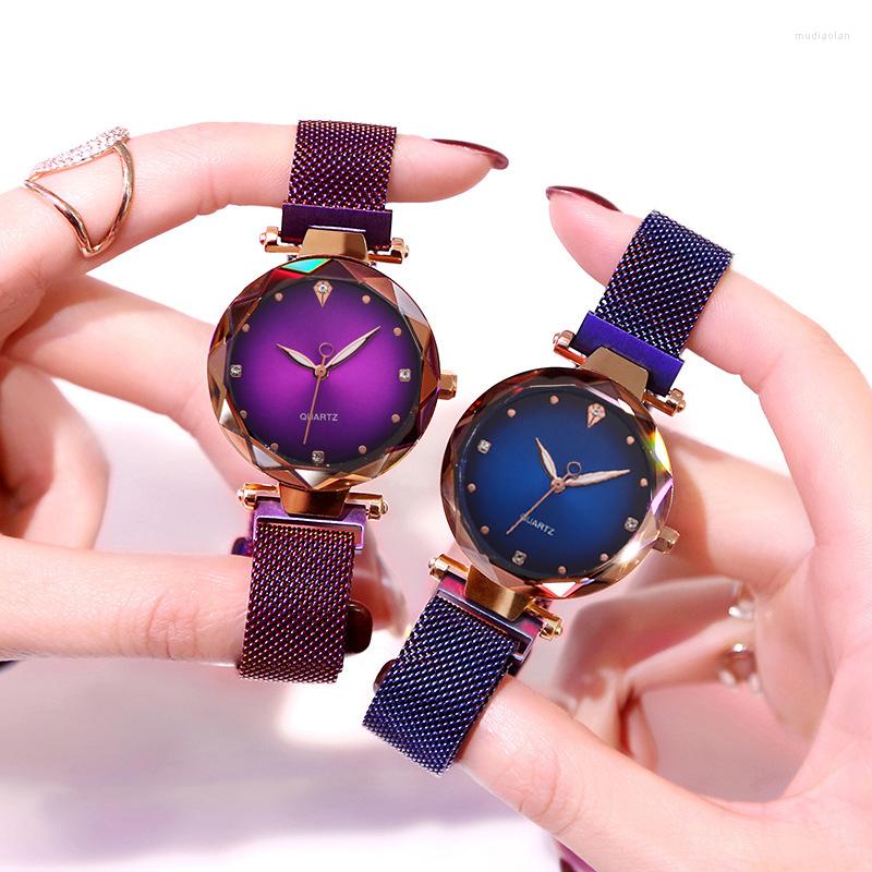 

Wristwatches Starry Sky Magnet Watches Rose Gold Ladies Watch Crystal Clock Women Stainless Steel Mesh Fashion Quartz Montre Femme, Black