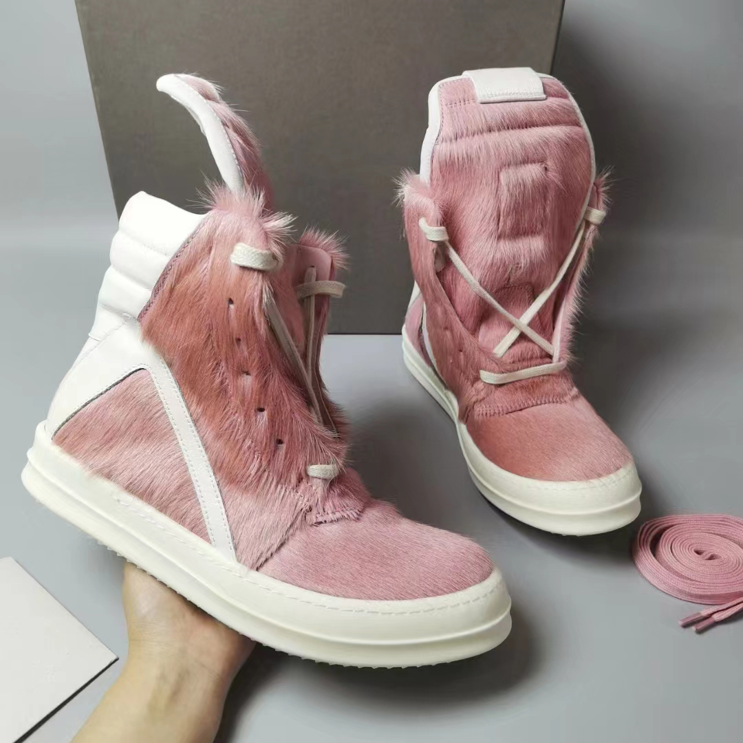 

Pink Ankle Boots Long Horsehair Fashion Women Fur Boots Big Size Lace-Up Casual Female Shoes D50