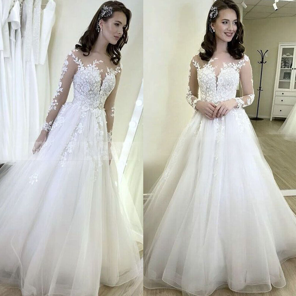

Beach A-line Wedding Dress Long Sleeve Deep V-Neck Lace Dress A-line Bridal Dress, Ivory