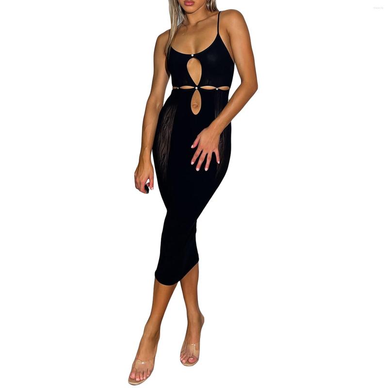 

Casual Dresses Women Spaghetti Strap Bodycon Dress Summer Solid Color Sexy Cutout Sleeveless Party For Nightclub Beach, Black