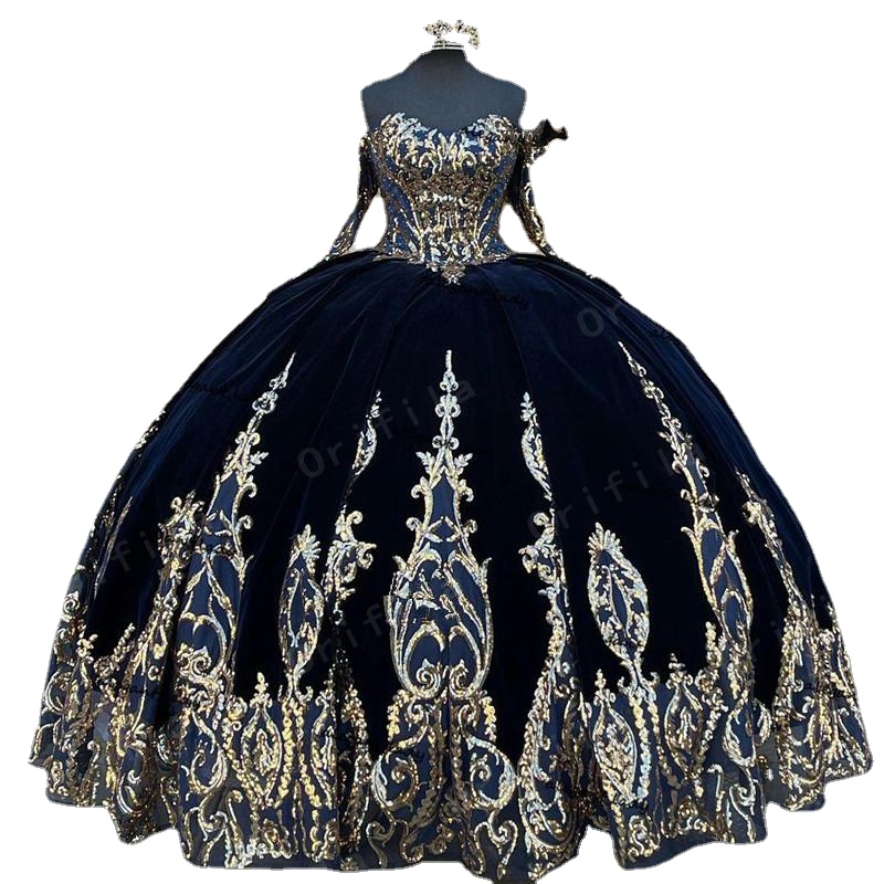 

Navy Blue Princess Quinceanera Dress Sequins Applique Lace Mexicano Ball Gown Prom Dress, Green