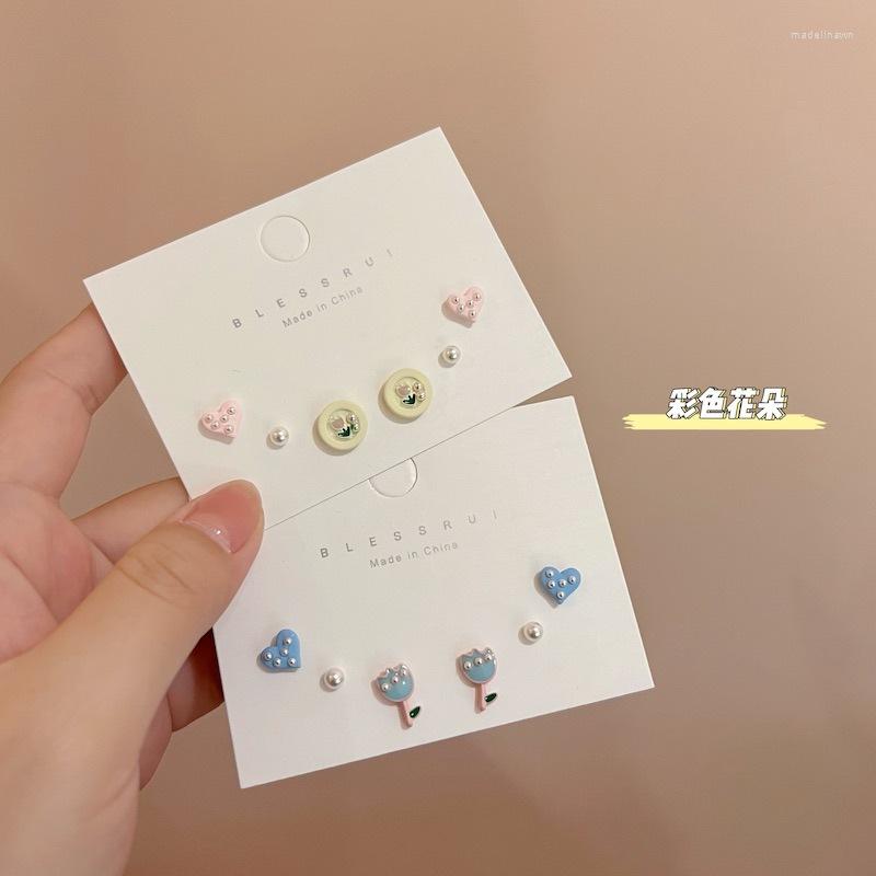 

Stud Earrings Fashion S925 Color Pearl Niche Design Sense Retro Tulip Geometric Love Set Temperament Girl Heart Tide