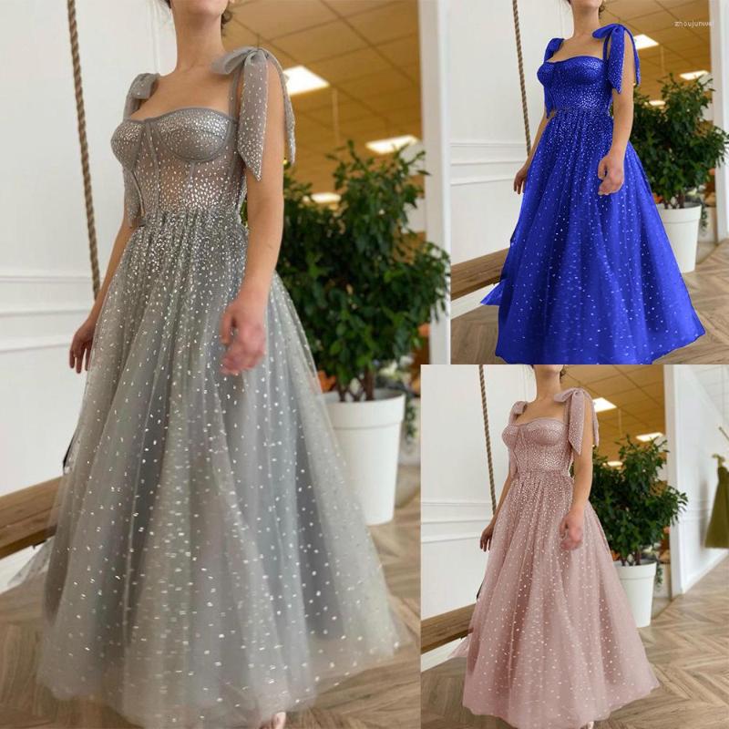 

Party Dresses Elegant Prom Dress Sexy Slim Strapless Strap Tube Top Hollow Mesh Stitching Sequin Ball Gown Sparkles Robe De Soire Mariage, Blue
