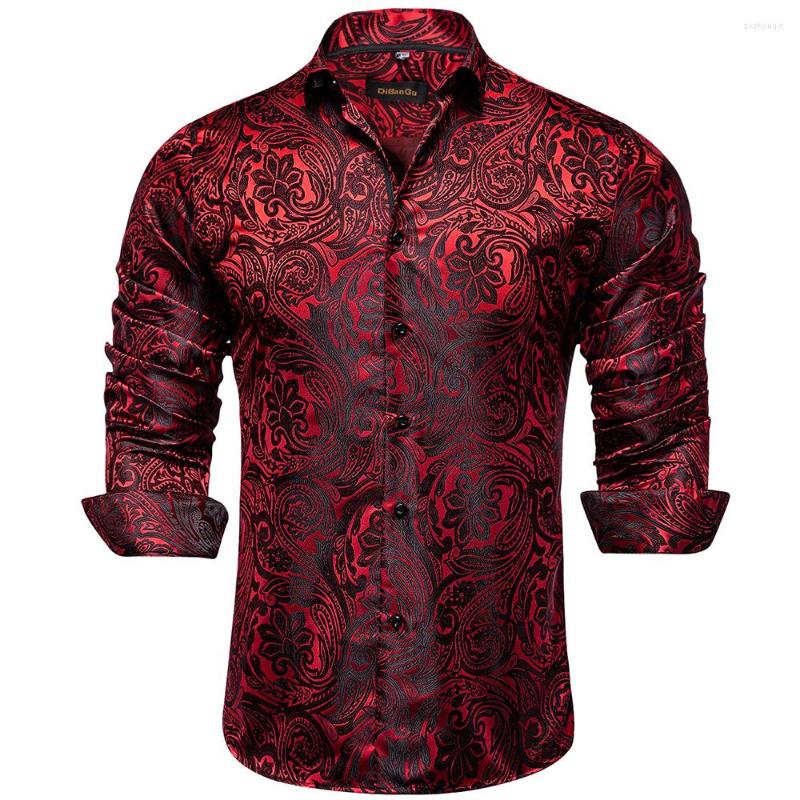 

Men' Dress Shirts Long Sleeve Silk Men Red Black Floral Paisley Wedding Party Prom Tuxedo Shirt Designer Clothing Chemise Homme, Cyc-2018