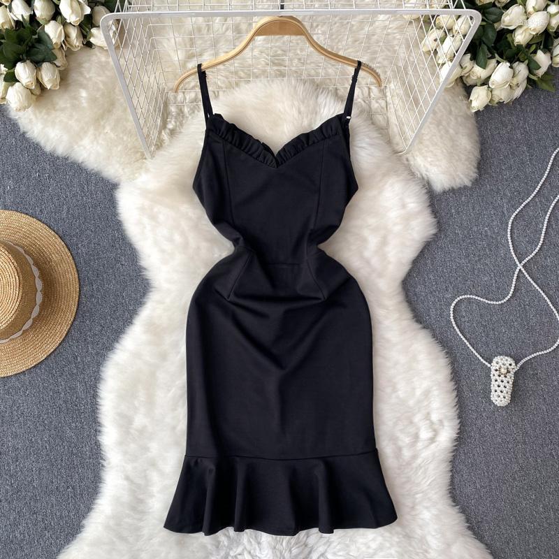 

Casual Dresses Foamlina French Style Women Strap Dress Summer Fashion Black V Neck Sleeveless High Waist Backless Ruffles Mini Bodycon