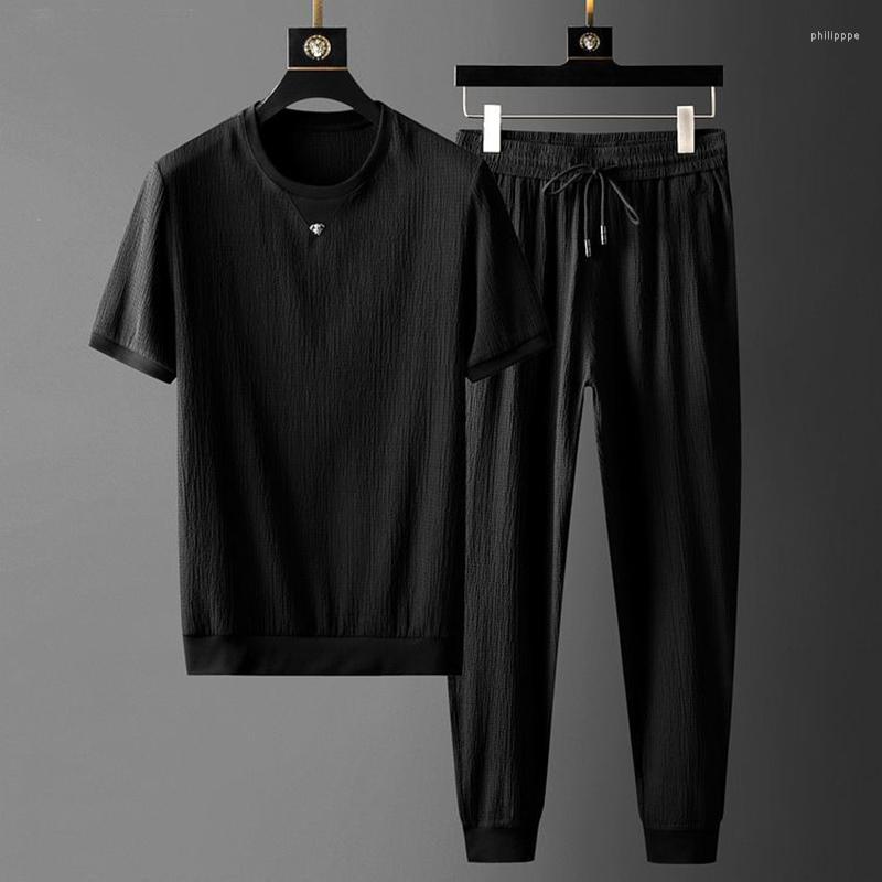 

Men's Tracksuits (T-shirt Pants) 2023 Summer Men's High-End Fashion Two-Piece Leisure Sports Breathable Solid Color High-Quality Suit, Black